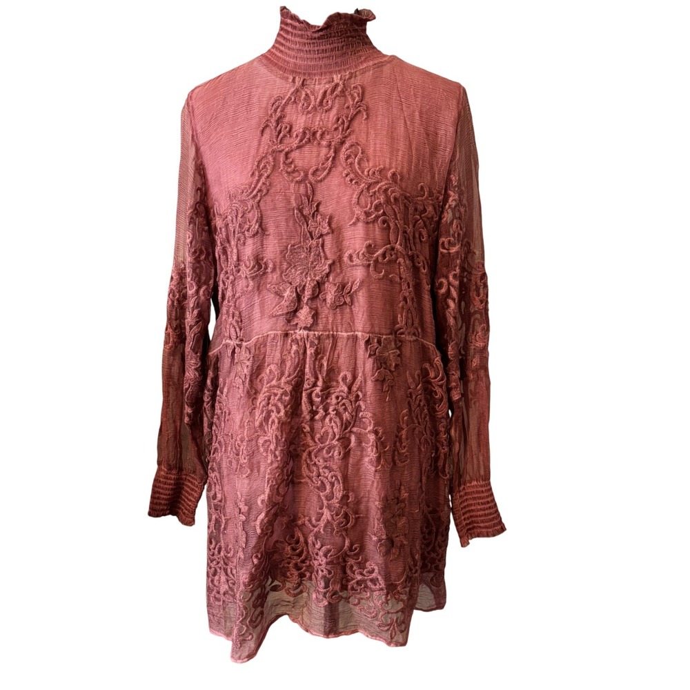 Soft Surroundings Mauve Pink Embroidered Mesh Tunic Smocked High Neck Top Medium